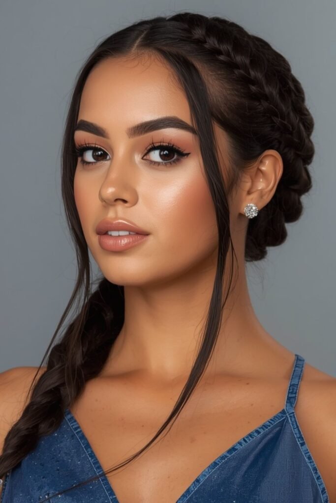 Woman with a side fishtail braid tied with a ribbon