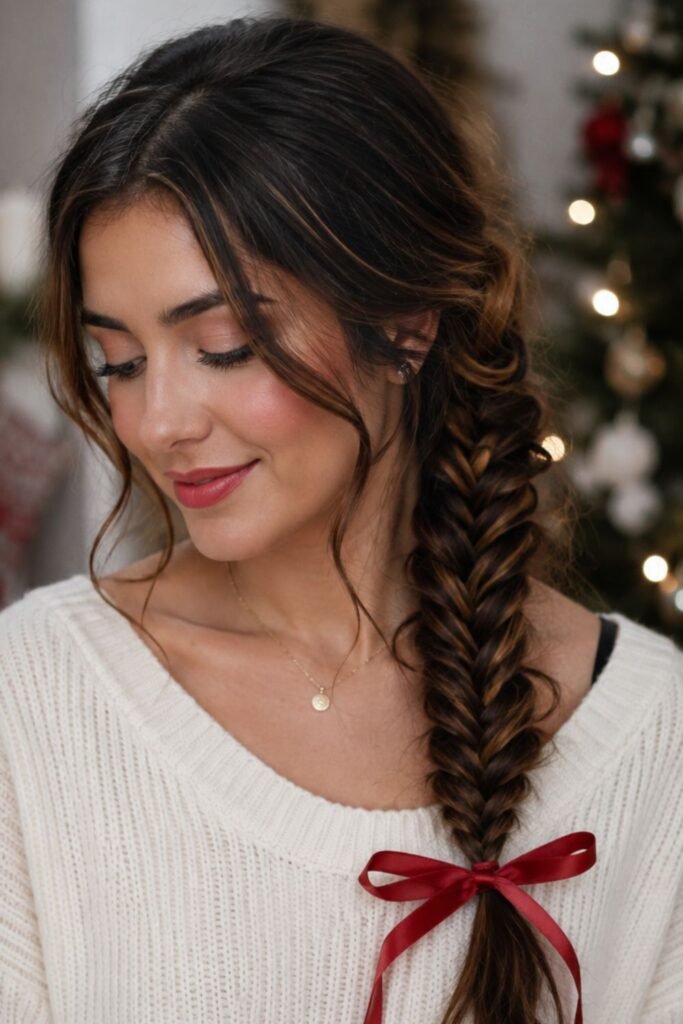 Side fishtail braid tied with a ribbon