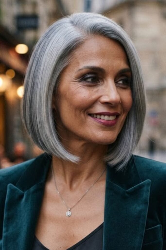 Woman over 40 with a silver bob haircut