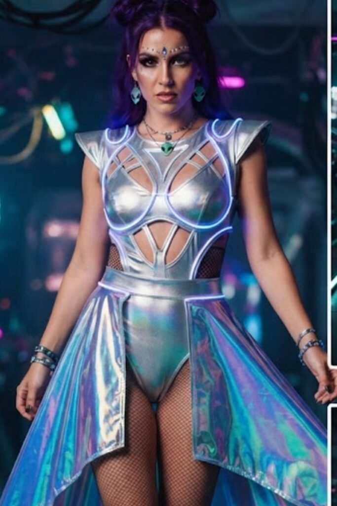 Woman in a silver bodysuit with an iridescent maxi skirt and silver boots