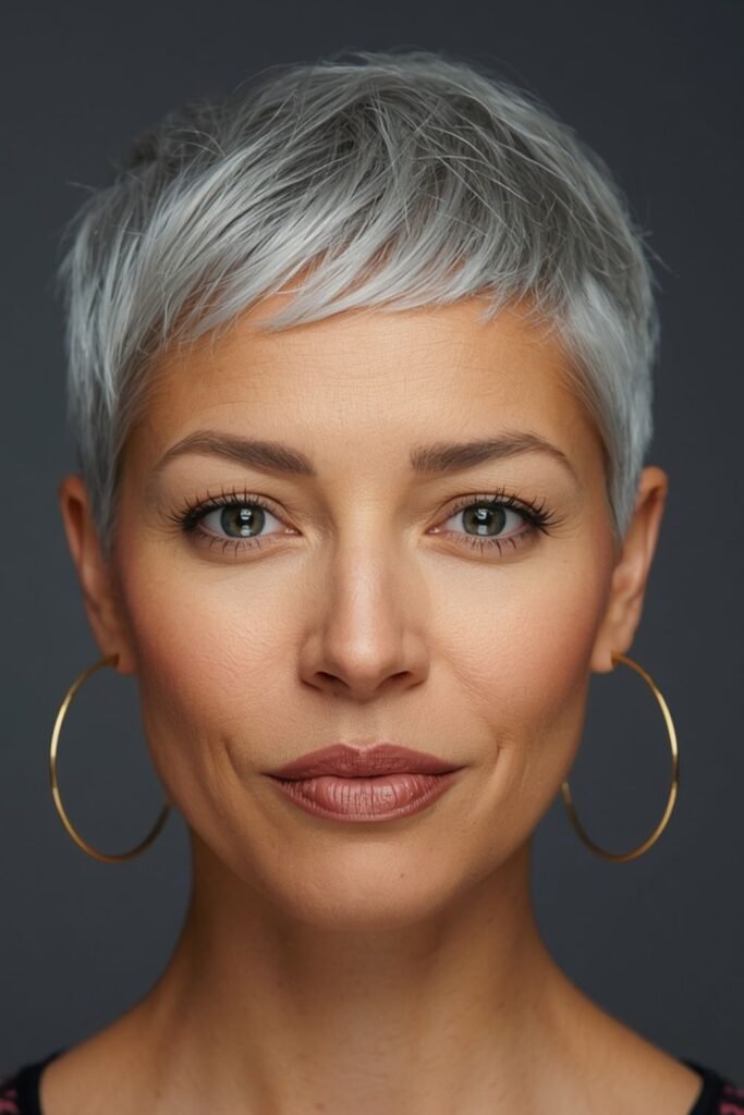 Woman over 50 with a warm-toned silver pixie