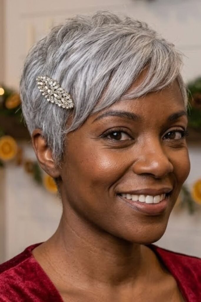Silver pixie cut with a small rhinestone clip at the crown