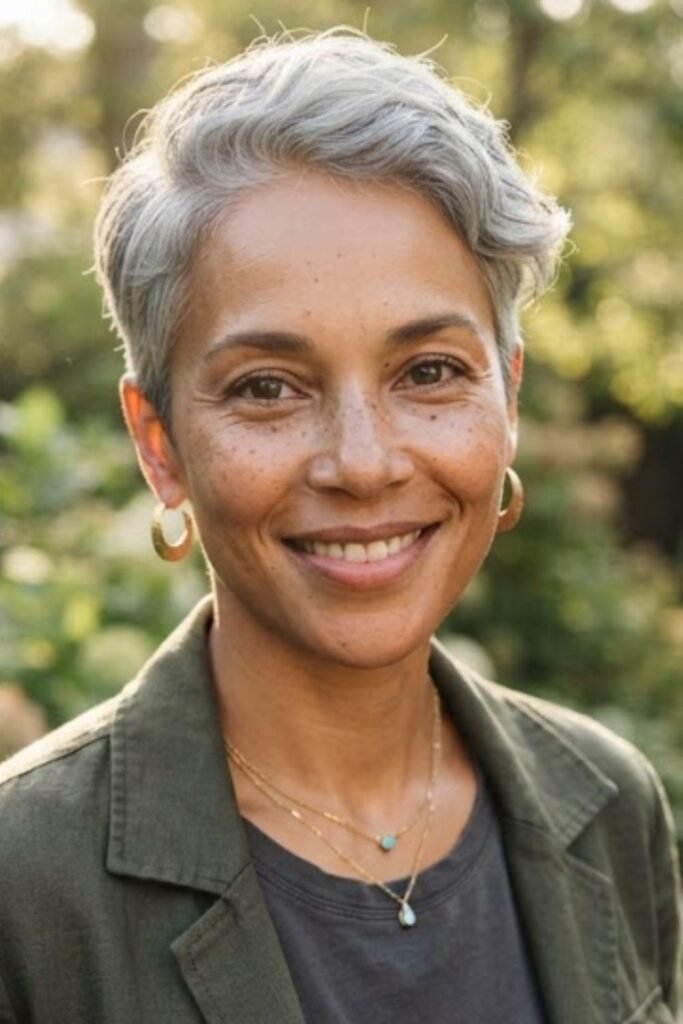 Woman with a silver short haircut