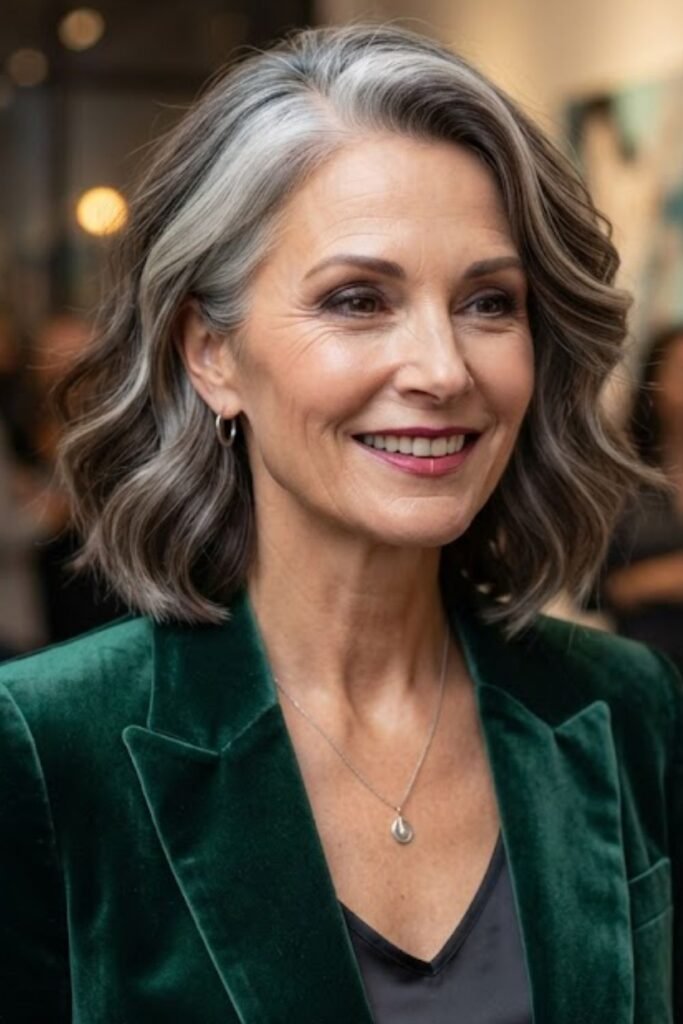 Woman with a blended silver and brunette bob
