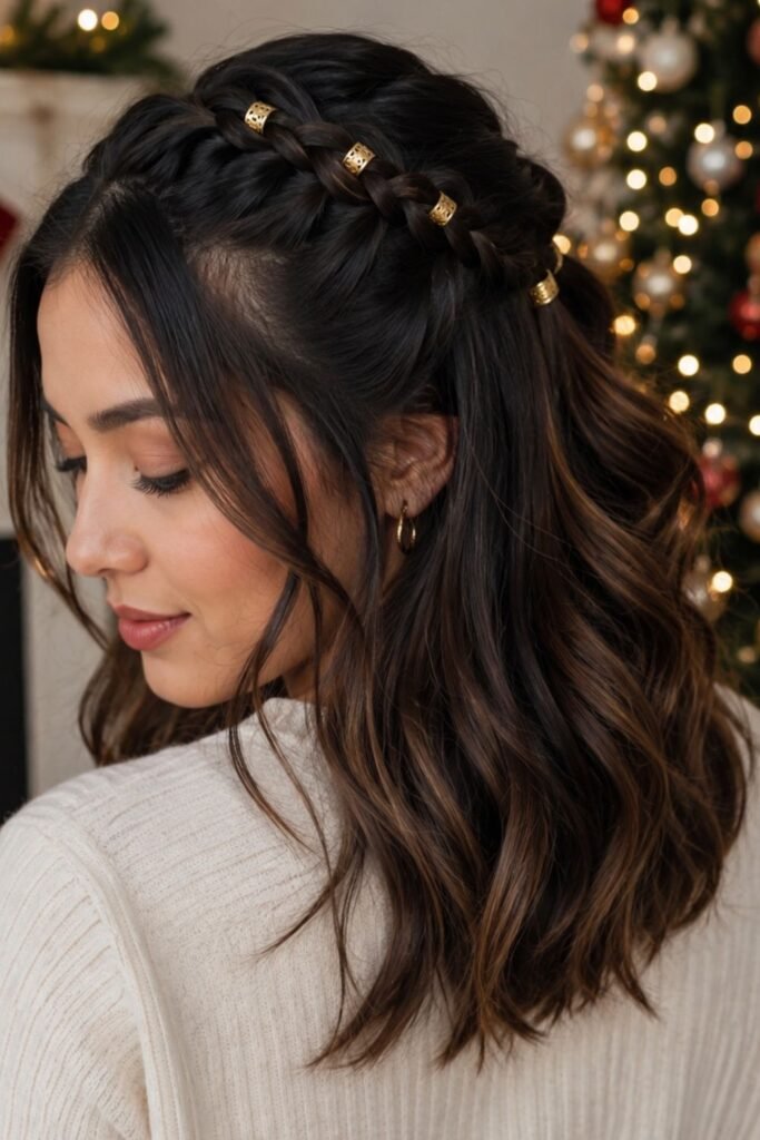 Dutch braid half-up hairstyle with gold cuffs