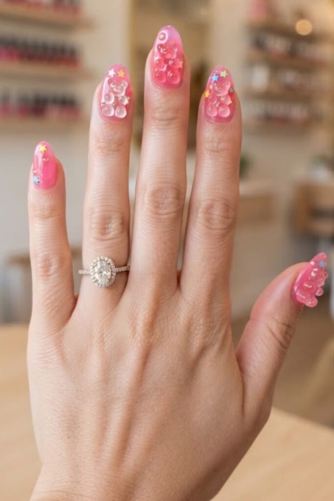 Single-tone gummy jelly nails with a glossy sheer finish