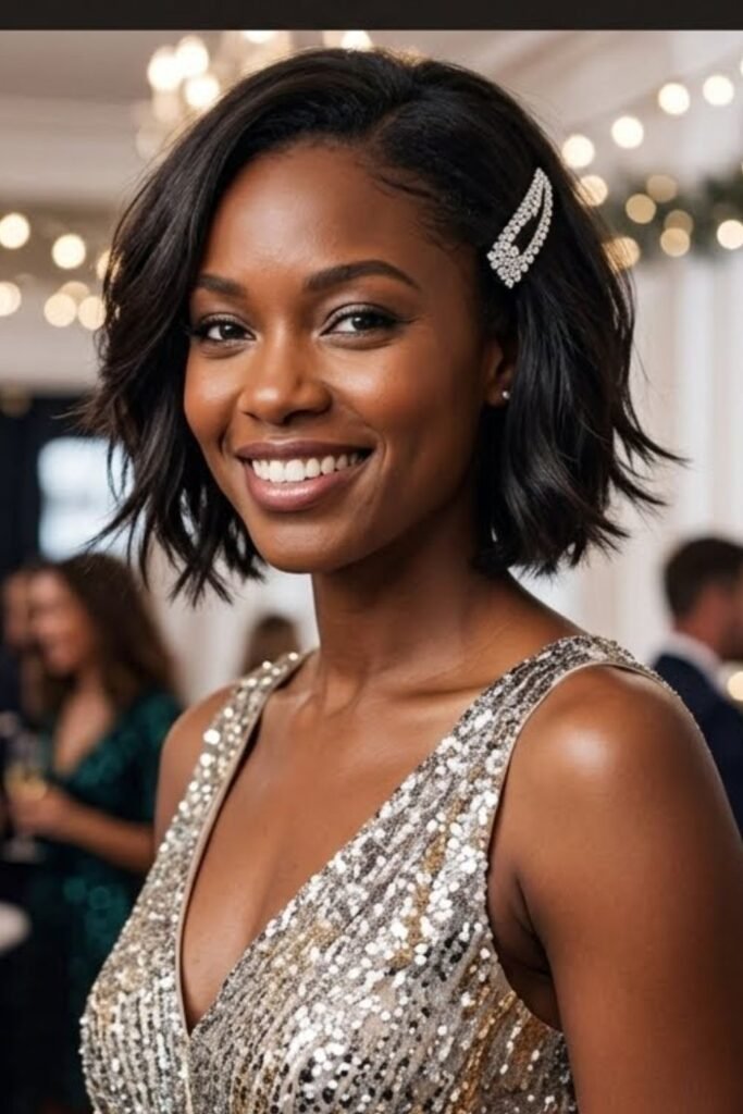 Sleek short bob with a large rhinestone barrette at the temple