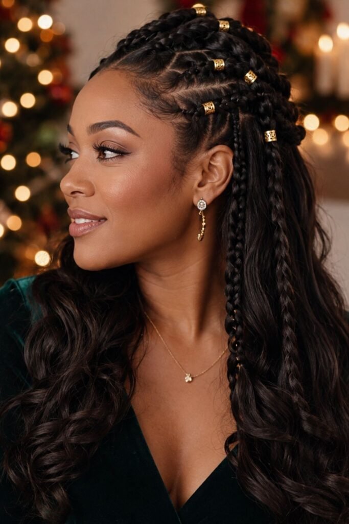Woman with a braided half-up hairstyle and gold hair cuffs
