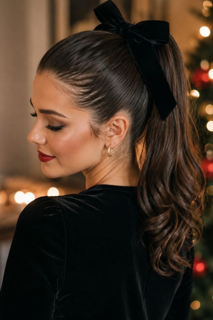 Sleek high ponytail with a black velvet bow