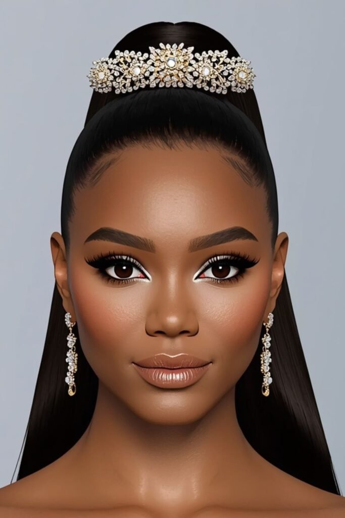 Woman with a sleek high ponytail tied with a bow