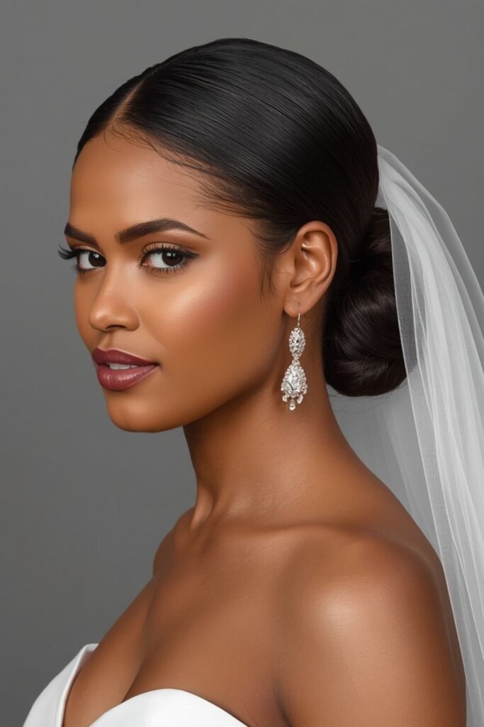 Sleek low bridal bun with a cathedral veil