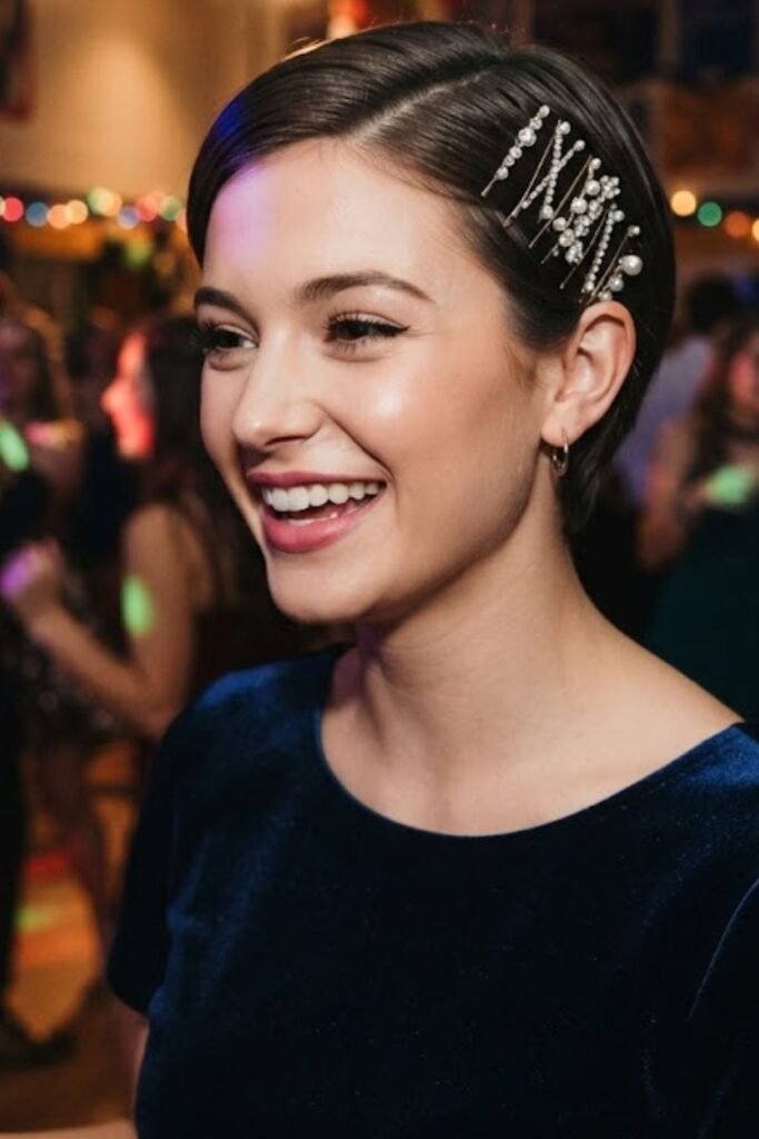 Sleek pixie cut with jeweled bobby pins