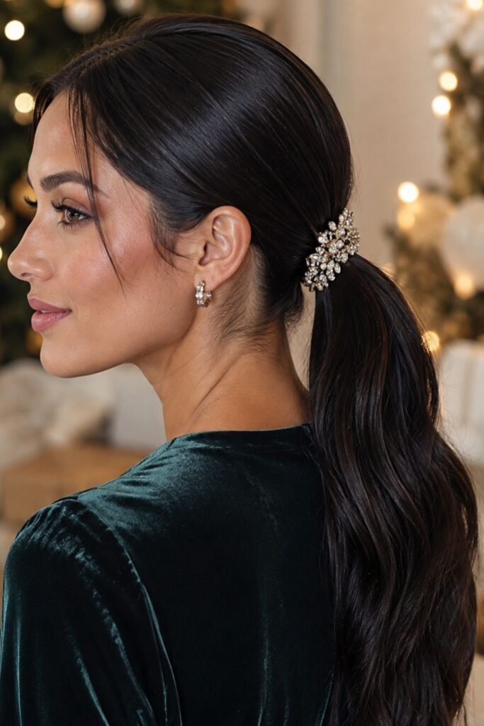 Sleek ponytail with a jeweled clip at the crown