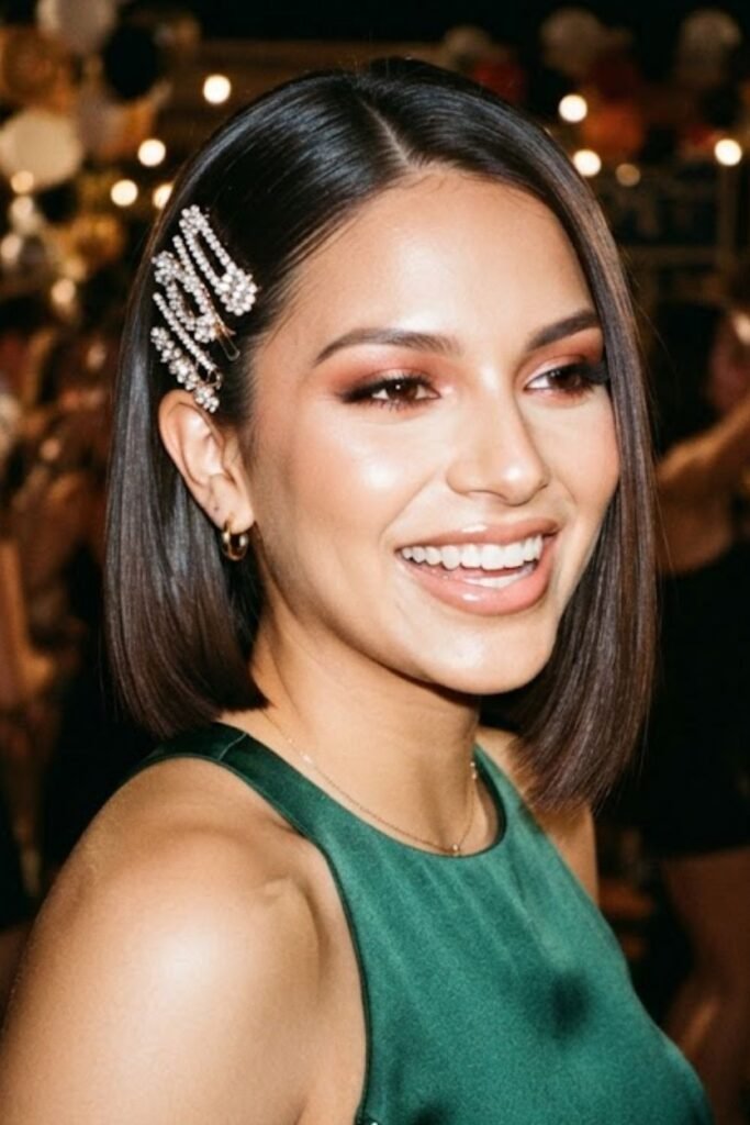 Slicked-back bob with crystal clips at the temple