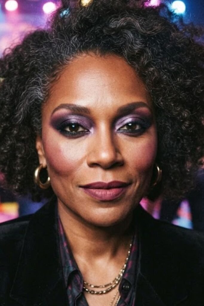 Woman with an 80s smoky purple eye and black liner