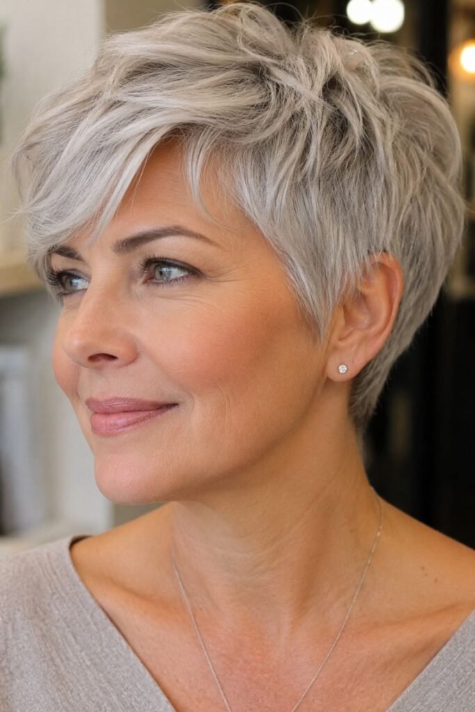 Woman over 50 with a soft classic pixie swept to the side