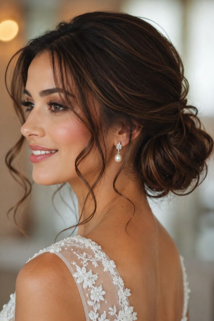 Bride with a soft low chignon and loose face-framing pieces