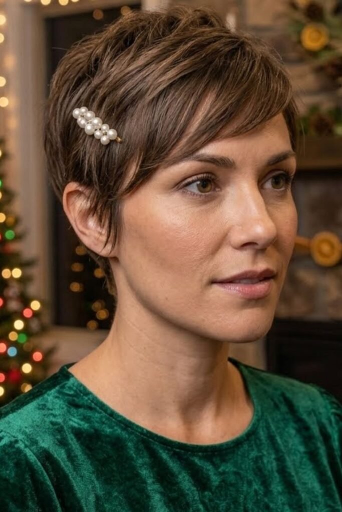 Soft pixie with a side-swept fringe and a pearl hair pin