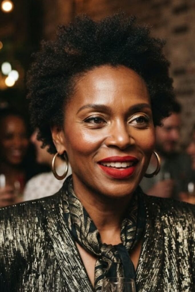 Woman wearing a statement red lip with 80s makeup