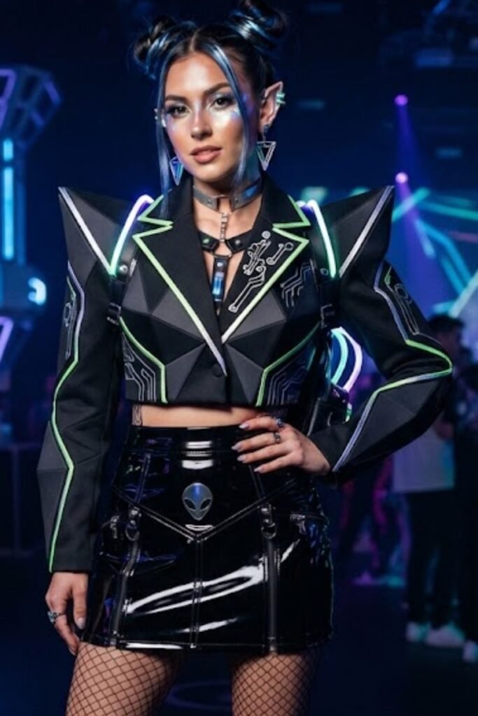 Woman in an oversized geometric blazer over a vinyl mini skirt
