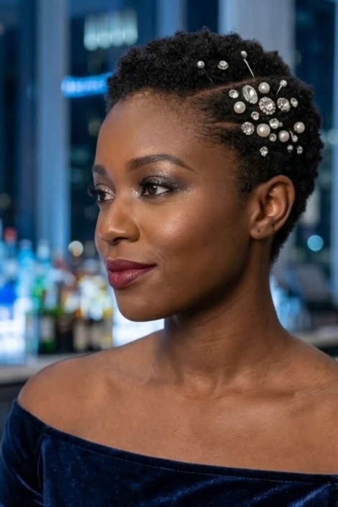 Tapered natural haircut with rhinestone pins in the curls