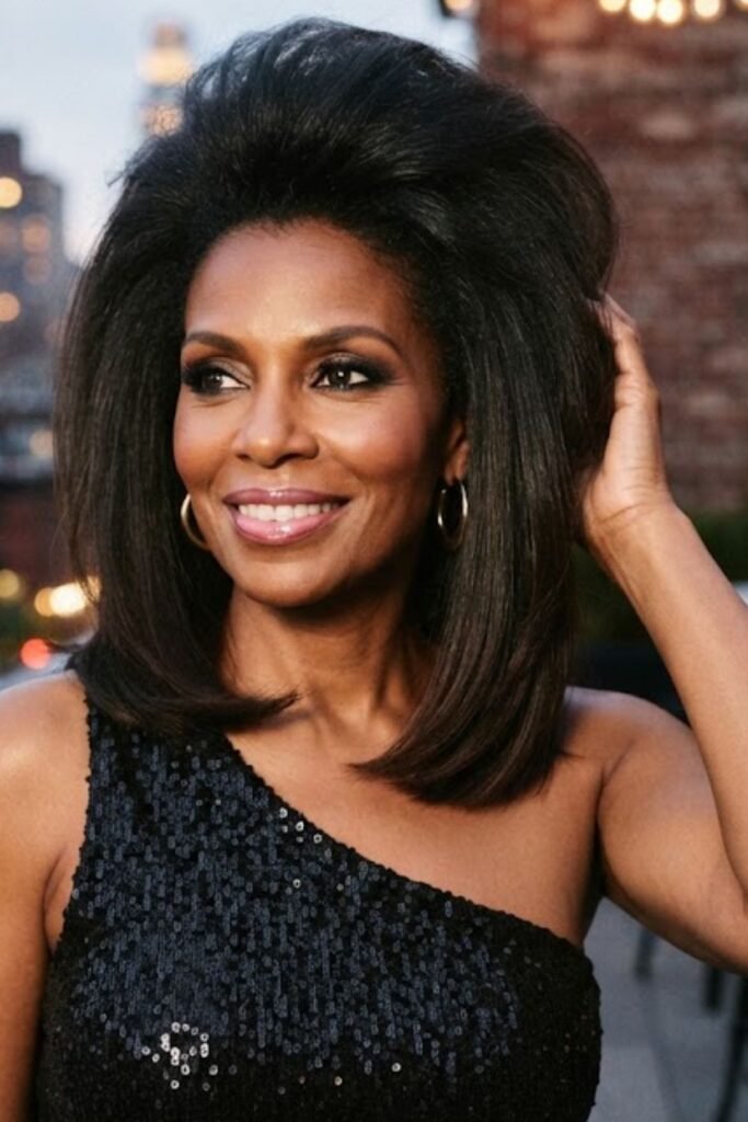 Woman with a teased 80s crown and smooth straight lengths