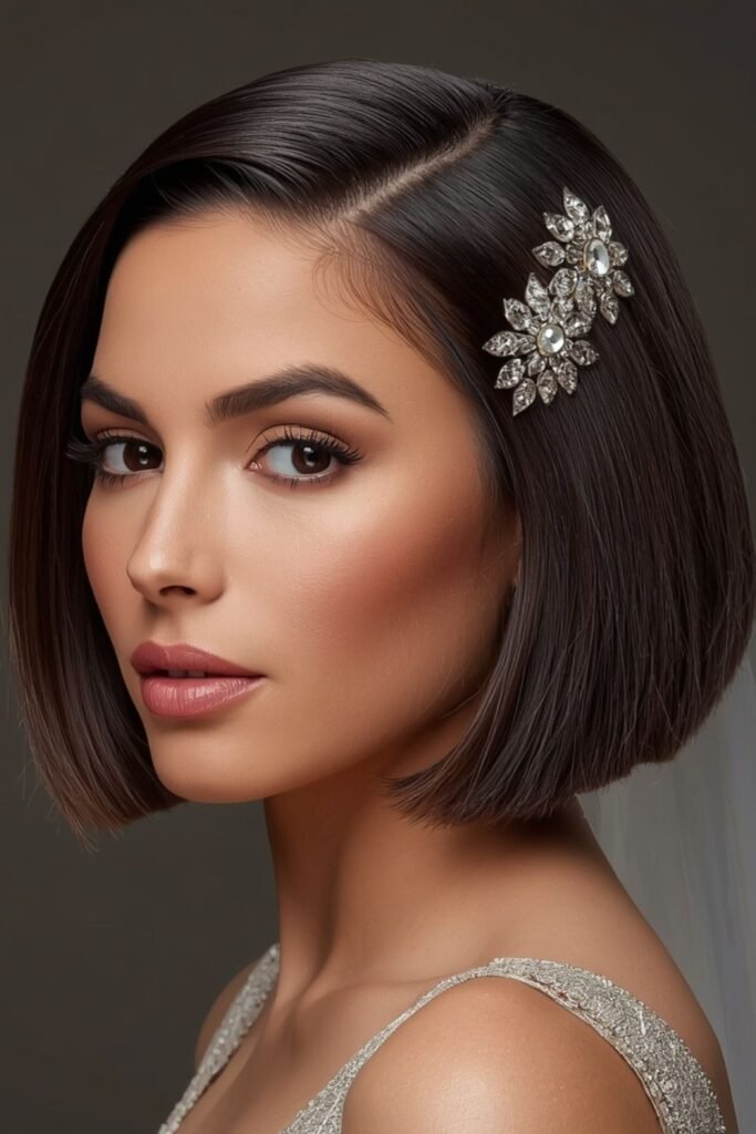 Textured bridal bob with crystal clips