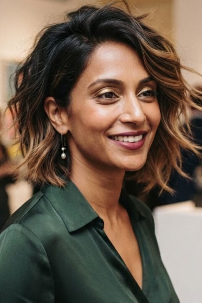 Woman over 40 with a textured bob and wispy ends