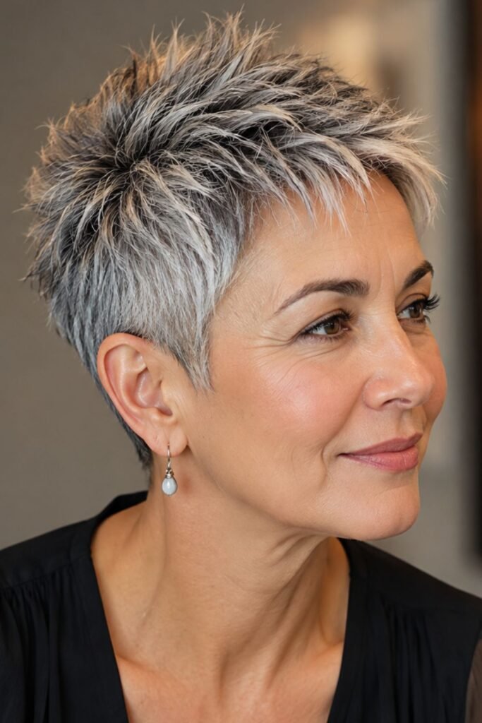 Woman over 50 with a textured crown pixie