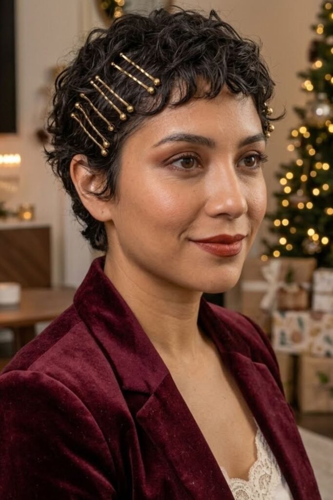 Textured pixie cut with gold bobby pins crossed at the temple