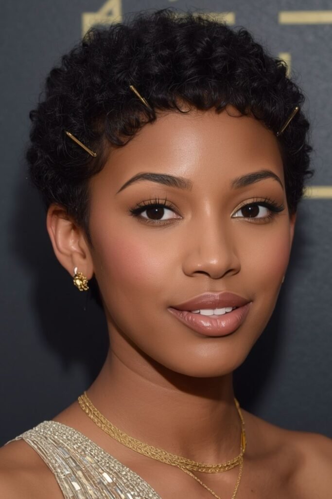 Woman with a textured pixie cut and gold bobby pins