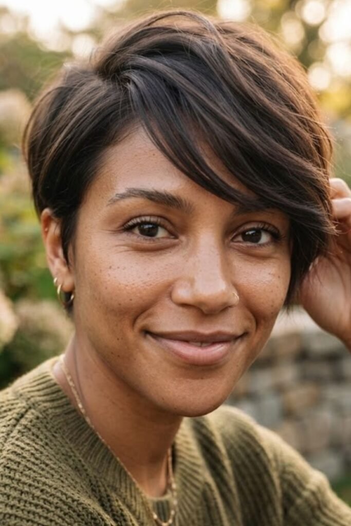 Woman with a textured pixie swept to the side