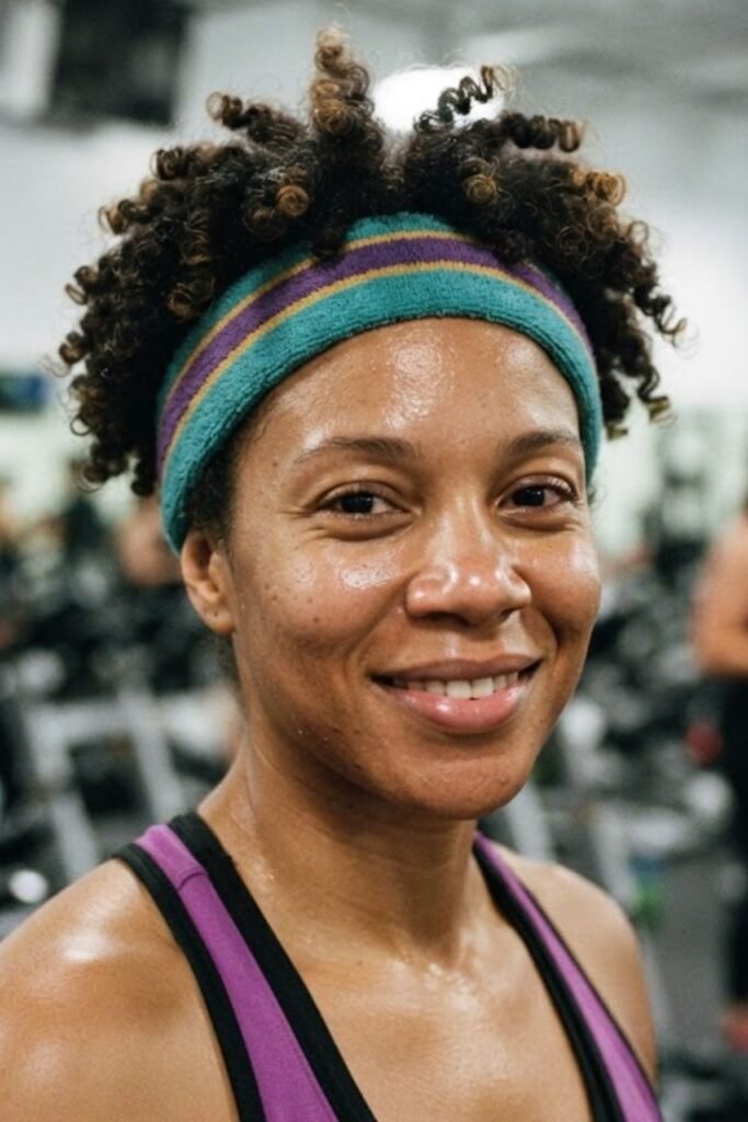 Woman wearing an 80s sweatband headband with voluminous hair