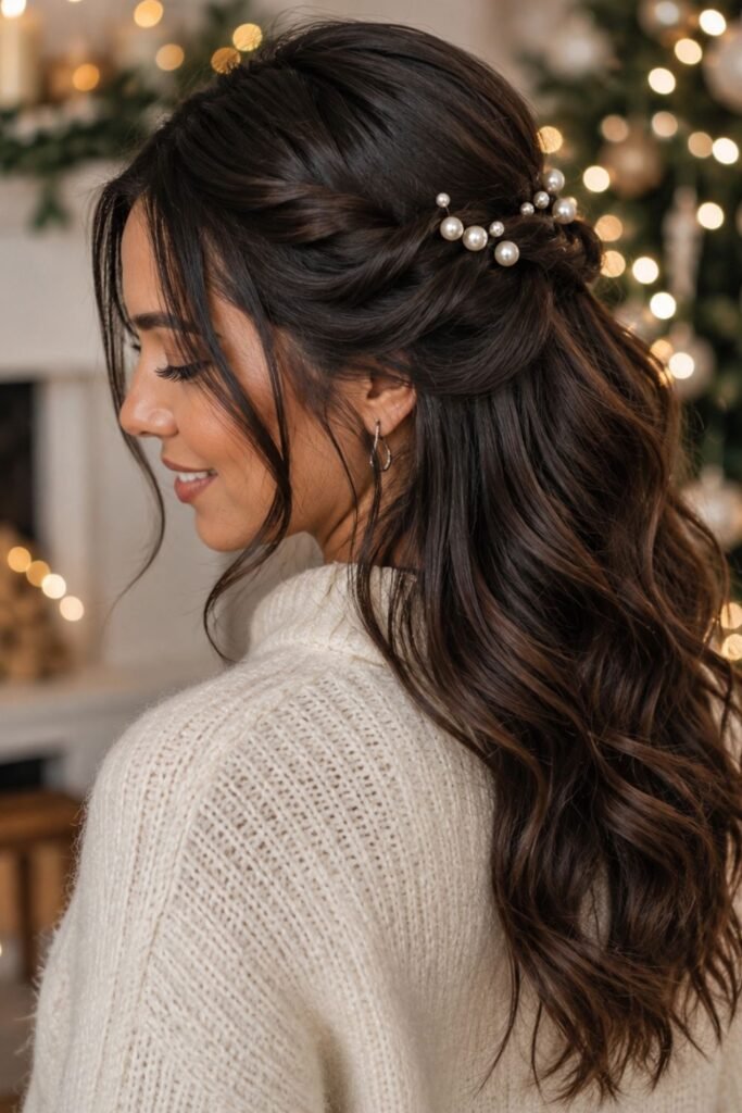 Twisted half-up hairstyle with pearl pins
