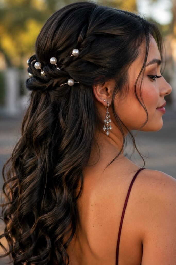 Woman with a twisted half-up hairstyle secured with pearl pins