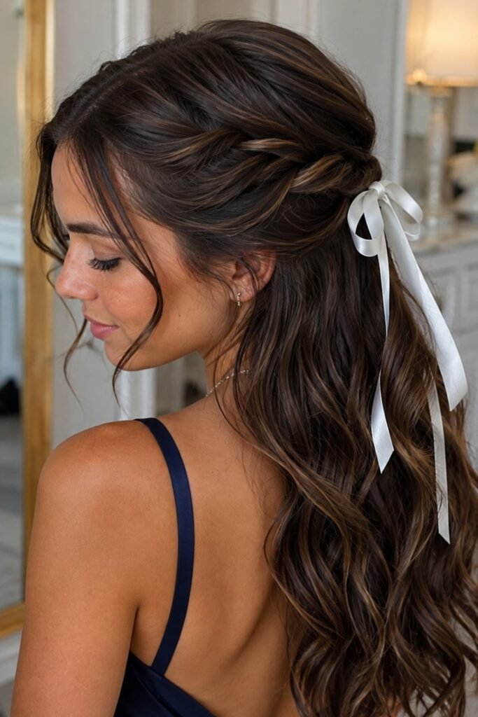 Twisted half-up hairstyle tied with a satin ribbon