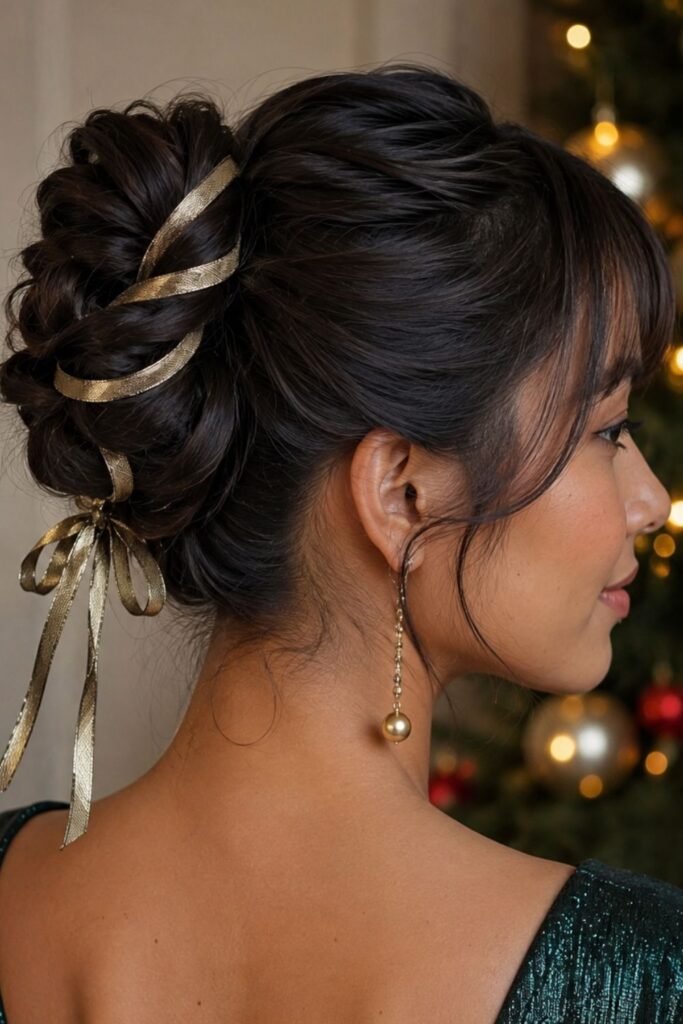 Twisted rope bun tied with a metallic ribbon