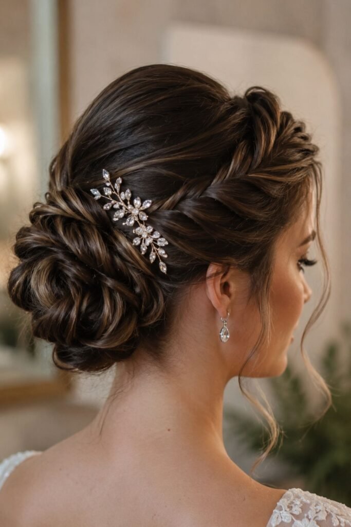 Twisted rope bridal updo with a jeweled comb