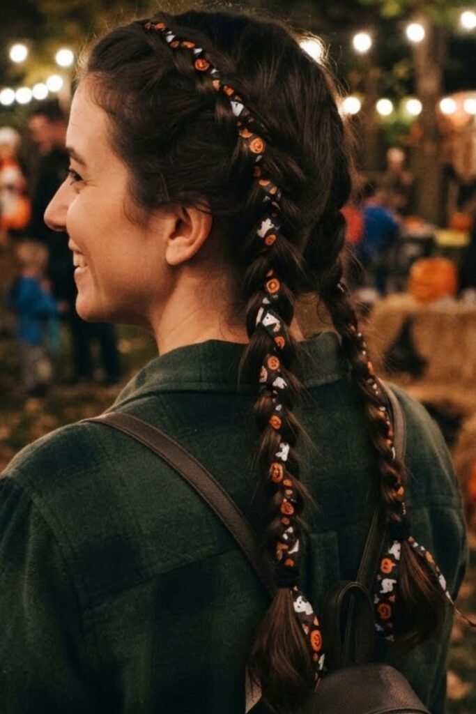 Two French Braids with Halloween Ribbon