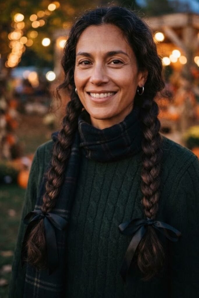 Two Long Braids with Dark Ribbons
