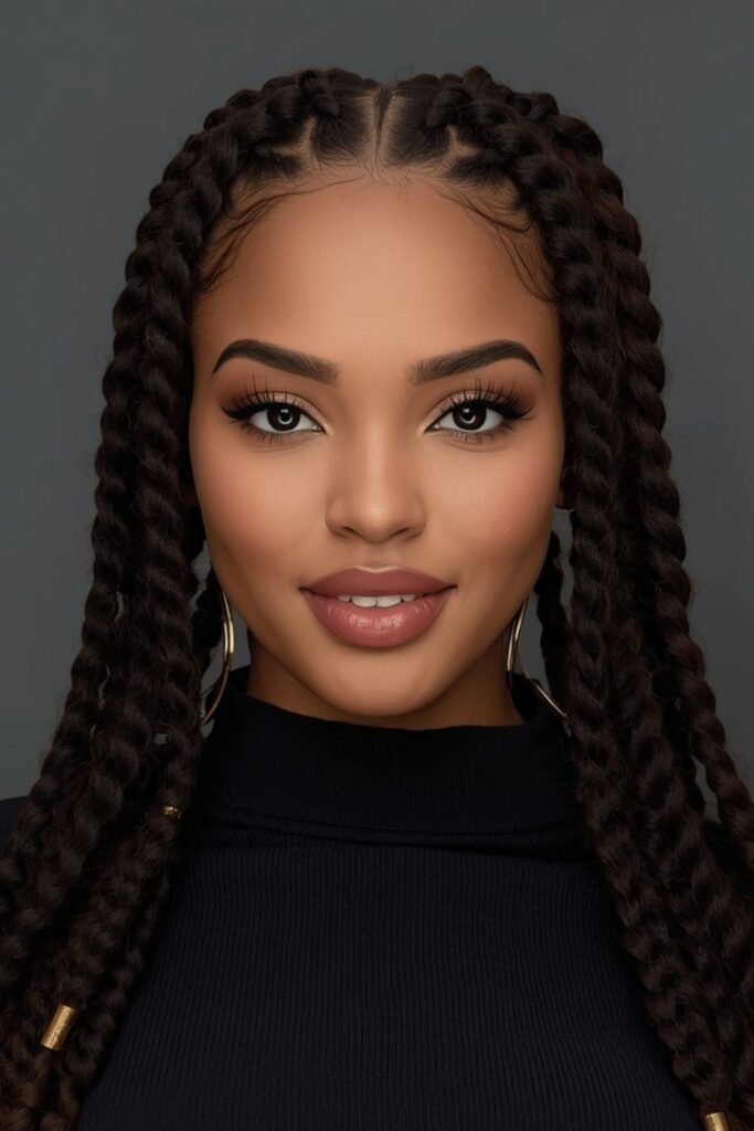 Two-strand twists on natural hair with gold cuffs