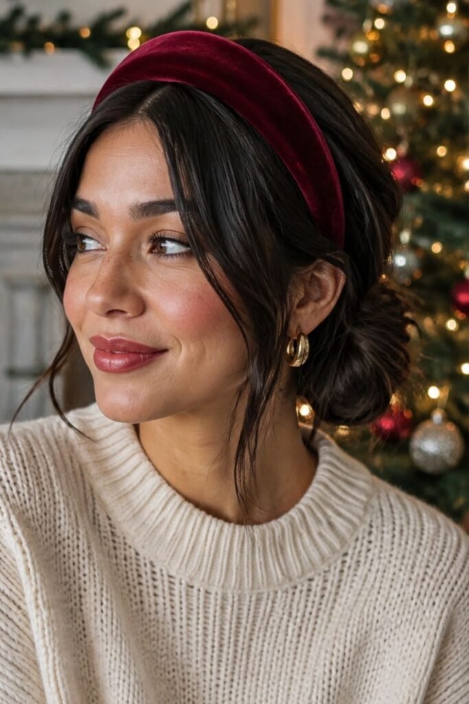 Woman wearing a wide velvet headband