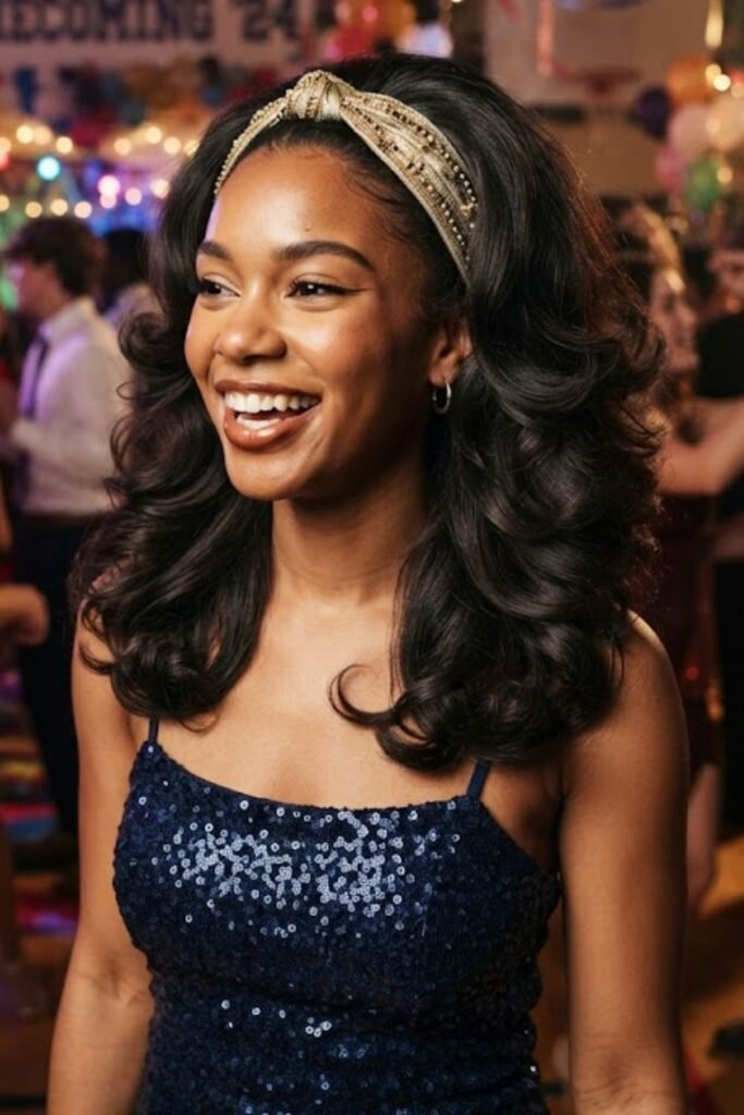 Voluminous blowout with a thin pearl headband