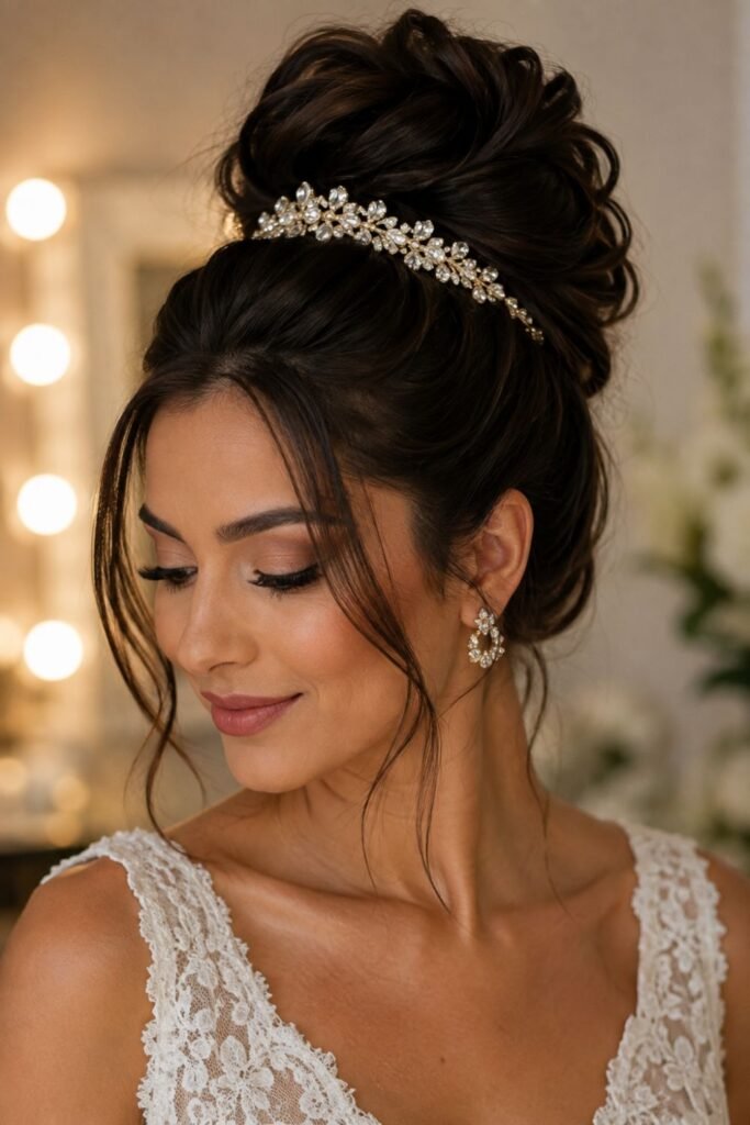 Voluminous high bridal bun with a crystal cuff