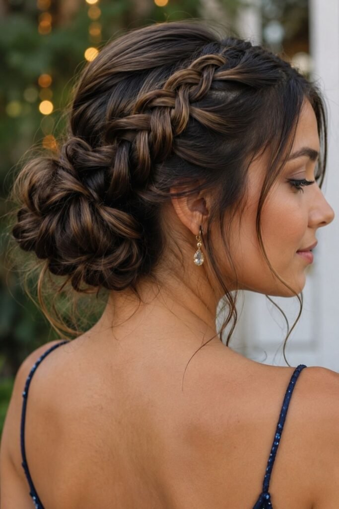 Waterfall braid flowing into a low side bun