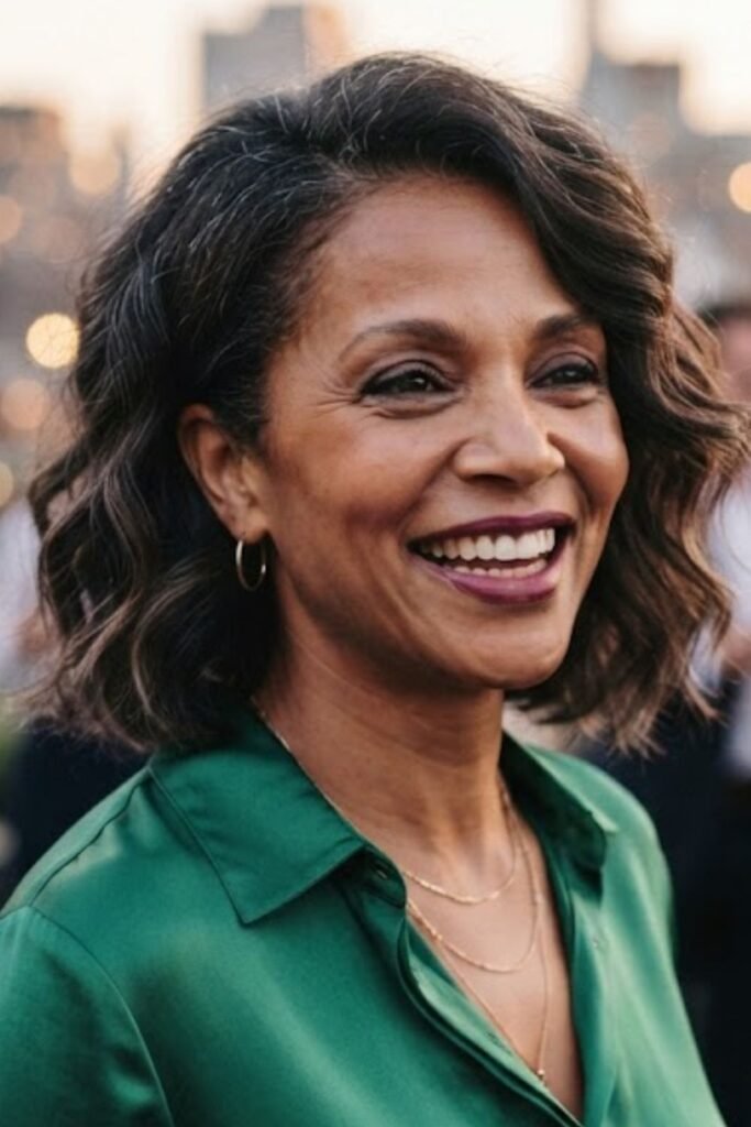 Woman with a wavy bob that ends below the jaw