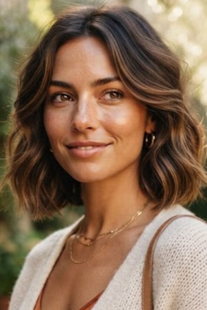 Woman with a wavy bob and face-framing layers