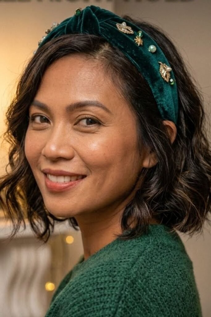 Wavy bob Christmas hairstyle with a wide burgundy velvet headband