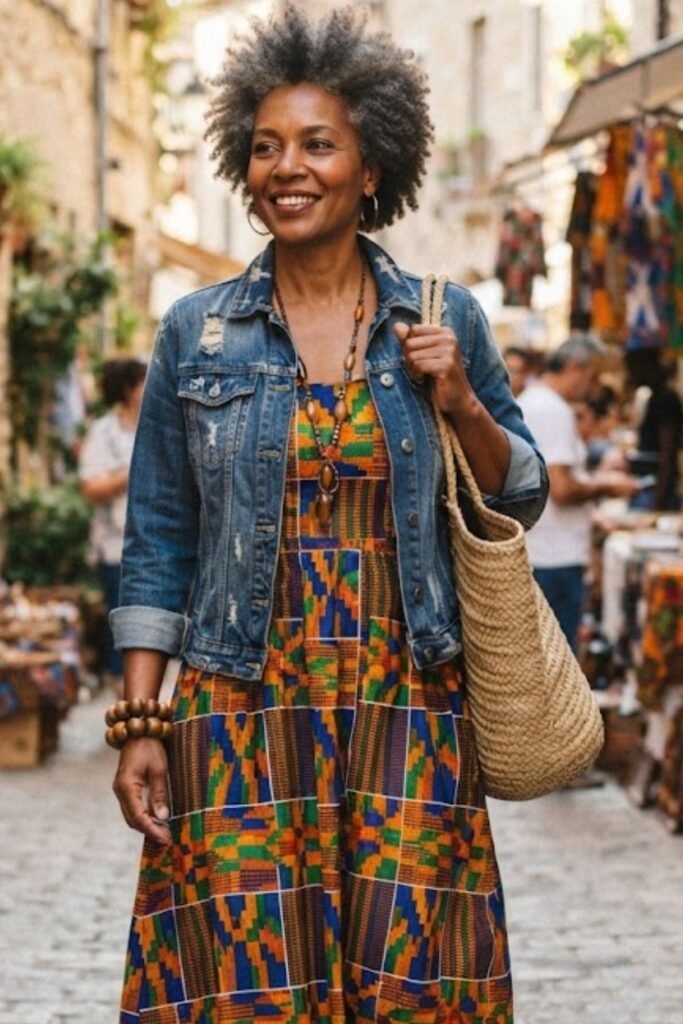 African Print Maxi with Denim Jacket