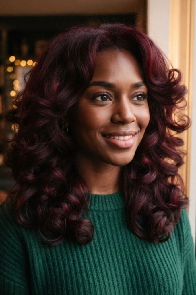 Blowout Curls on Dark Cherry Red Hair